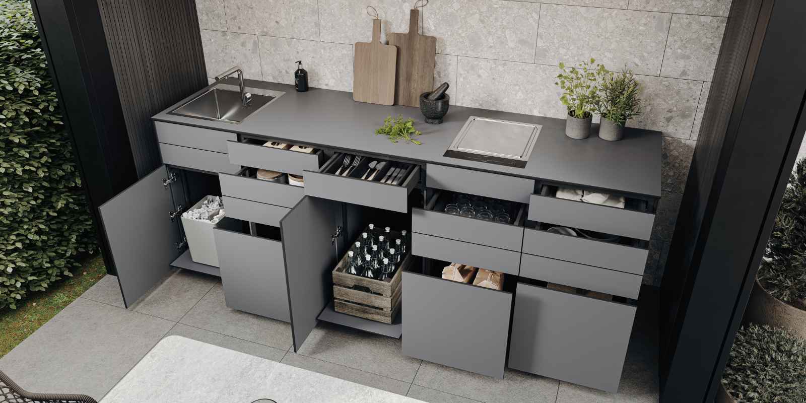 Outdoorküche von maet black mit Teppanyaki-Grill - modularer Aufbau & individuelles Design